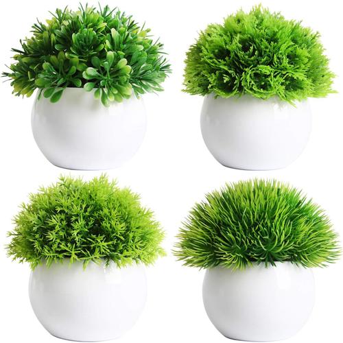 Vert Vert Lot de 4 Mini Plantes artificielles en Pot - Plante Artificielle en Forme de Boule - Herbe Verte - en Plastique Blanc - pour