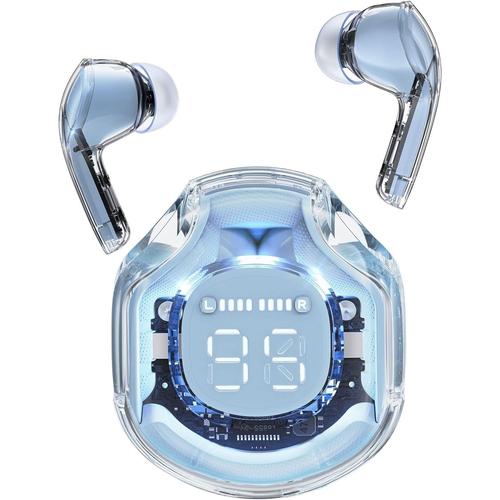 T8 Ecouteurs Bluetooth sans Fil, Oreillette Intra-Auriculaire avec ENC Réduction de Bruit e HiFi Stéréo, Casque Transparente avec Écran LED, Contrôle Tactile Etanche Sport Écouteur, Bleu Glace