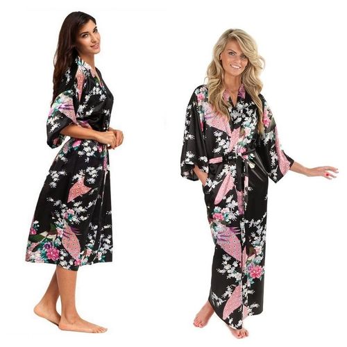 Déshabillé Kimono D'intérieur Peignoir Léger D'été Satin Noir Imprimé