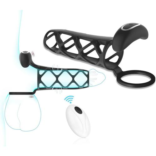 Manchon De Pénis Avec Vibromasseur, Anneau De Pénis, Manchettes De Pénis Avec Anneau De Pénis, Vibration, Télécommande, Cage De Chastity Pour Homme, En Silicone, Cage De Chasteté