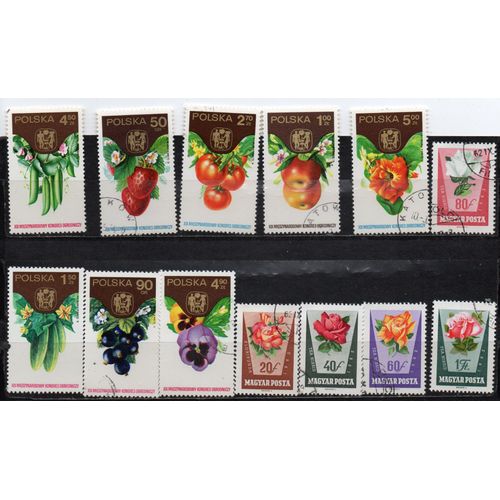 Pologne- Lot De 13 Timbres Oblitérés- Fleurs- Fruits Et 4 Timbres Neufs Champignons