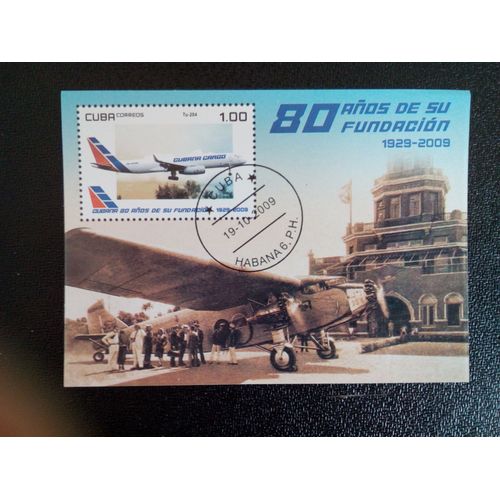 Timbre Cuba M I Bl 267 L'aviation Cubaine Tupolev Tu-204 2009 ( 14812 )