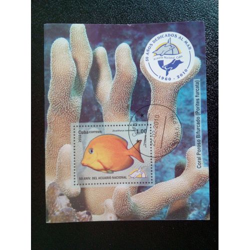 Timbre Cuba M I Bl 273 50ème Anniversaire De L'aquarium National - Tang Bleu (Acanthurus Coeruleus) 2010 ( 14812 )