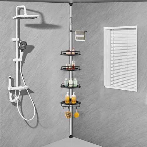 Noir Noir étagère Douche Télescopique, étagère d'angle de Rangement Salle de Bain Réglable avec 4 Plateaux, 4 Crochets, 1