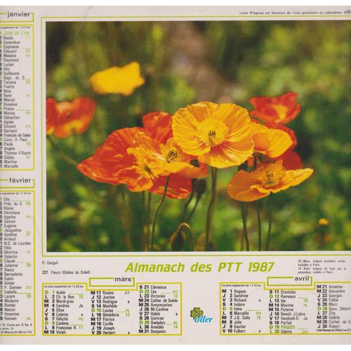 Almanach Oller 1987 Des P.T.T. Fleurs (Globes Du Soleil) / Fleurs (Orchidées)