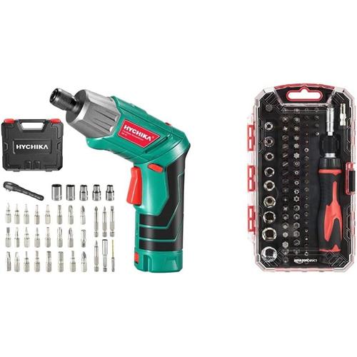 HYCHIKA Visseuse Sans Fil 6Nm, 2.0Ah 3.6V avec 36 accessoires & Basics Coffret tournevis-clé à cliquet magnétique 73 pièces