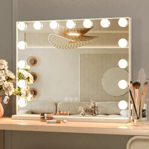 Cassilando 15 LED ampoule Hollywood miroir de maquillage avec lumière,58*46cm Hollywood miroir de maquillage, grand miroir de maquillage avec mode d'éclairage 3 couleurs