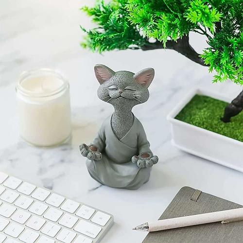 Statue de méditation Statue de Chat Zen Yoga Décoration Figure Résine Méditation Yoga Décor Feng Shui Ornement Sculpture Collection Artisanat Pelouse Jardin Décor (Gris)