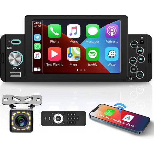 Écran Tactile De 5\ 1 Din Autoradio Sans Fil Apple Carplay Android Auto, Écran Tactile 5 Bluetooth Autoradio Support Mirror Link, Radio Fm, Eq Sound, Swc, Type-C/Usb Port+Mic, Caméra De Recul