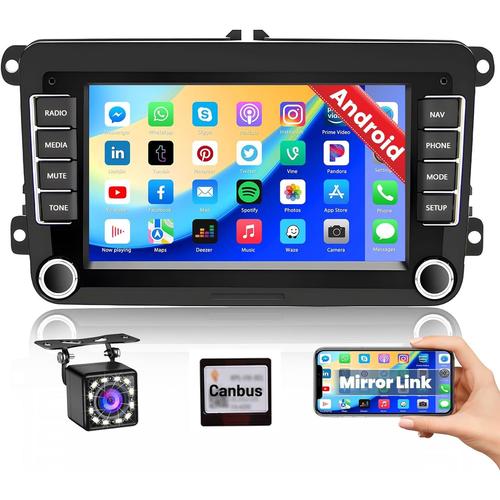 Noir Android Autoradio Pour Vw Golf 5 6 Passat Skoda Seat Polo Touran Avec Gps Wifi, 8 Pouces Poste Radio Voiture Bluetooth, Radio Écran Voiture 2 Din Avec Fm Rds +Caméra De Recul Canbus