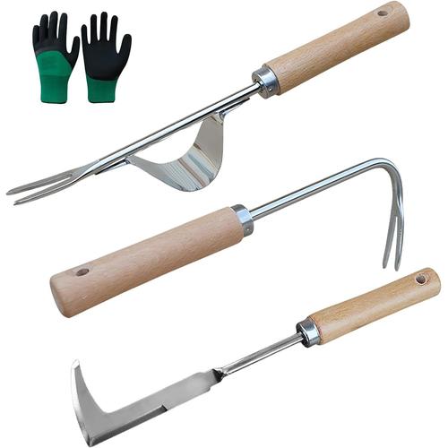 Desherbeur Manuel, Lot De 3 Desherbeur en Acier Inoxydable, Désherbage Racine Fourche avec Poignée en Bois, Tondeuse à Gazon Multifonctionnelle, Desherbeur Manuel pour Désherber Votre Jardin