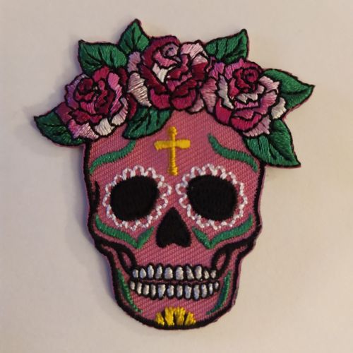 Ecusson Brodé Biker Tête De Mort Fille Rose Et Roses