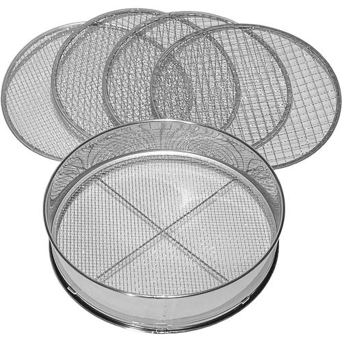 Siebmeister 5000, Tamis de Jardin 5en1, 5 Inserts interchangeables Ø 3,5,8,10,12 mm de Finesse, passoire pour Terre, Pierres, Compost, Sable et Gravier 30cm Rond, métal, Inoxydable