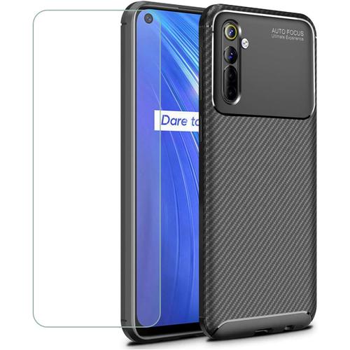 Coque Realme 6 + Protecteur D'écran, Coque En Silicone Tpu Souple Ultra Fine En Fibre De Carbone Pour Realme 6