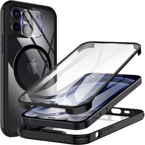 Coque En Verre Trempé Avec Protection D'écran Intégrée Et Protection D'objectif D'appareil Photo Pour Iphone 12 6,1 Pouces, Compatible Avec La Coque De Chargeur Magnétique Noir