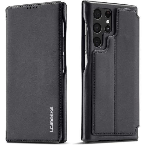 Coque Pour Samsung Galaxy S22 Ultra, Vintage Slim Fermeture Magnétique,Etui En Cuir Synthétique, Avec Fonction De Support Et Fentes Pour Cartes Rabat Pour Galaxy S21 - Noir