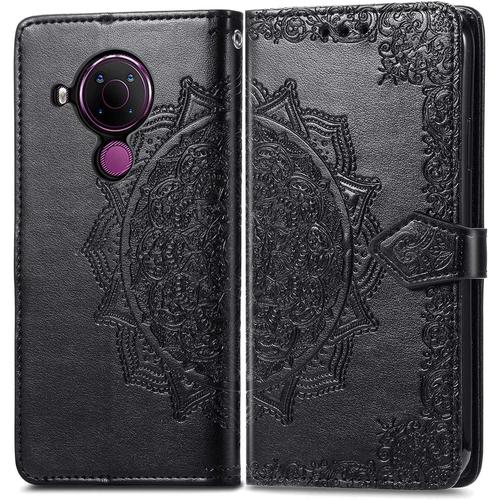 Coque Nokia 5.4, Pu/Tpu Cuir Flip Portefeuille Étui Housse De Protection Avec Espèces Et Carte Fente, Conception De Fleurs Vintage, Wallet Protection Cover Noir