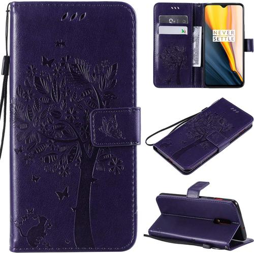 Coque Compatible Avec Oneplus 7/Oneplus 6t Cuir Flip Étui/Portefeuille Case Cover Housse Tpu Silicone Baum Und Katze Purple