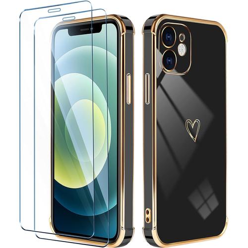 Compatible Avec Iphone 12 6,1"" + 2 Films De Protection D'écran En Verre Blindé Pour Fille C?Ur D'amour Coque En Silicone Protection Complète Fine Ultra Résistante Aux Chocs Noir