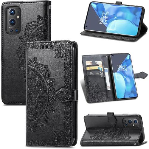 Étui Pour Oneplus 9 Pro 6 7 Pouces Pu Magnétique Pochette Cuir Housse Charmant Mandala Gaufrage Design Stent Fonction Rabattable Noir