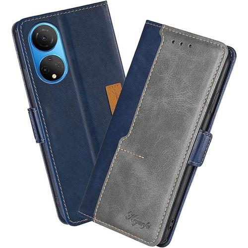 Housse Pour Telephone Honor X7 Etui, Pu/Tpu Rétro Retourner Cuir Coque Magnétique Anti Chute Portefeuille Protection Case Cover, Bleu