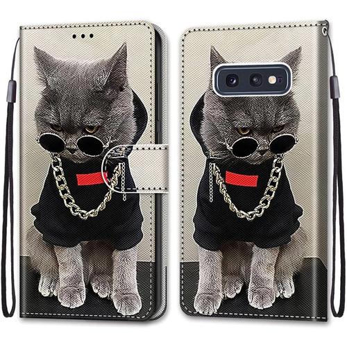 Coque Portefeuille Compatible Avec Samsung Galaxy S10e 5.8"" Flip Étui Case Position De La Carte Et Fonction Support Chat Cha Ne Dorée