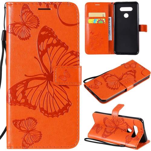 Étui Pour Lg K51/K500 6 5 Pouces Pu Cuir Couverture Magnétique Housse Conception En Relief De Papillon Stent Fonction Flip Cuir Orange