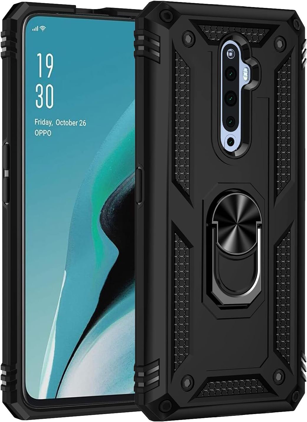 Coque Pour Oppo Reno 2z Reno2 Z Avec Rotatif À 360 ° Bague Anneau Support, Anti-Chocs Étui, Silicone Tpu+Pc Double Couche Housse. Noir