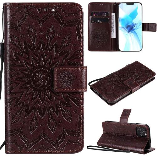 Étui Pour Apple Iphone 12 Pro 6 1 Pouces Pu Magnétique Pochette Cuir Housse Tournesol Gaufrage Design Stent Fonction Rabattable Marron