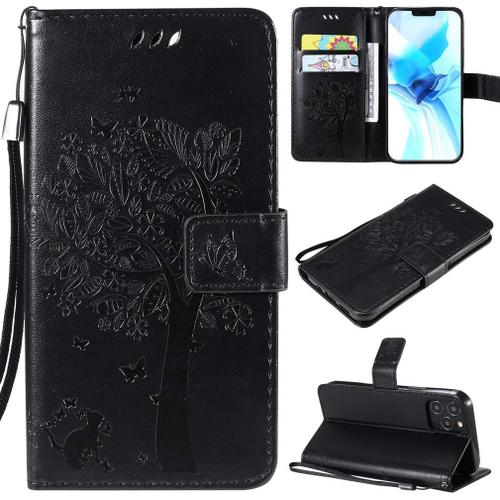 Étui Pour Apple Iphone 12 Pro 6 1 Pouces Pu Cuir Couverture Magnétique Housse Motif De Chat Et D'arbre Stent Fonction Coque Flip Noir