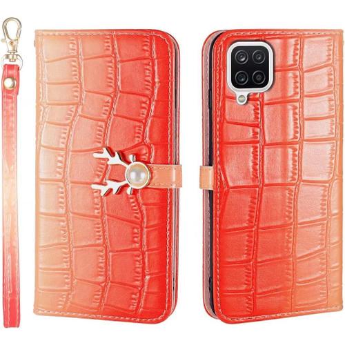 Coque Samsung A42 5g Dégradé Couleur Croco Pattern Pu Cuir Portefeuille Flip Case Luxe Perle Tête De Cerf Boucle Magnétique Rose Rouge