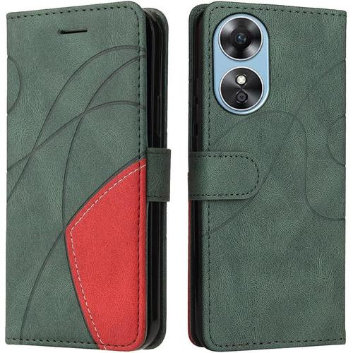 Housse Pour Telephone Oppo A17 Etui, Pu/Tpu Rétro Retourner Cuir Coque Magnétique Anti Chute Portefeuille Protection Case Cover, Vert