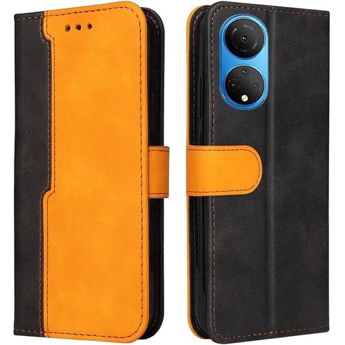 Housse Pour Telephone Honor X7 Etui, Pu/Tpu Rétro Retourner Cuir Coque Magnétique Anti Chute Portefeuille Protection Case Cover, Orange