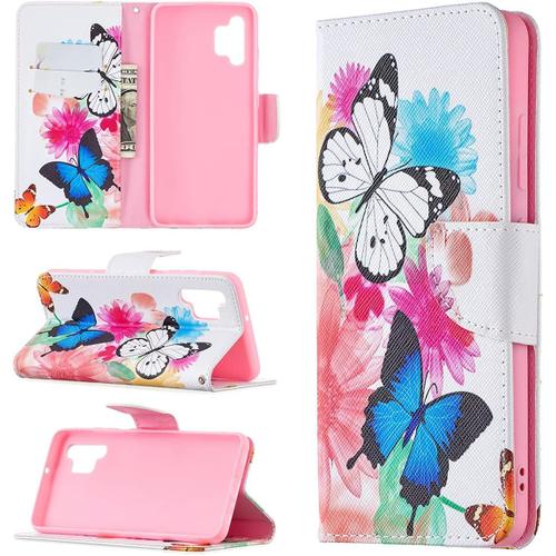 Étui Pour Samsung Galaxy A32 4g/Sm A325 6 4 Pouces Pu Cuir Couverture Magnétique Housse Motif Papillon Stent Fonction Coque Flip Cuir