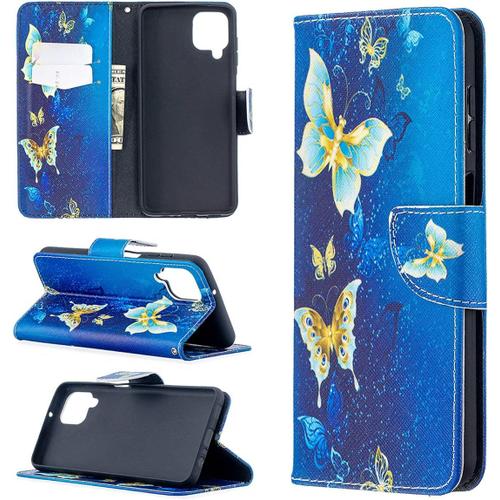 Étui Pour Samsung Galaxy A12/Sm A125 6 5 Pouces Pu Cuir Couverture Magnétique Housse Motif Papillon Bleu Stent Fonction Coque Flip Cuir