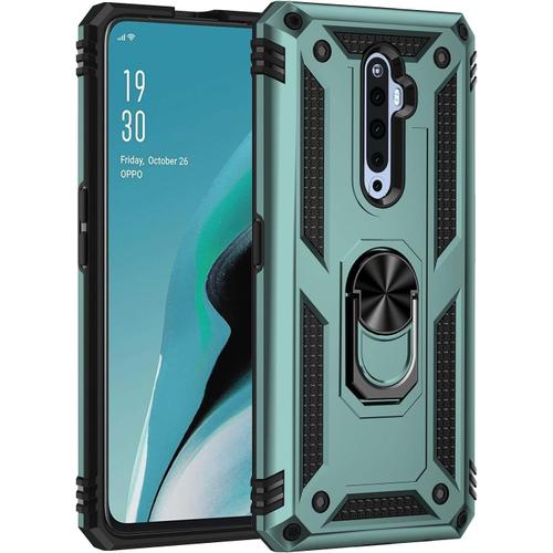 Coque Pour Oppo Reno 2z Reno2 Z Avec Rotatif À 360 ° Bague Anneau Support, Anti-Chocs Étui, Silicone Tpu+Pc Double Couche Housse. Verte