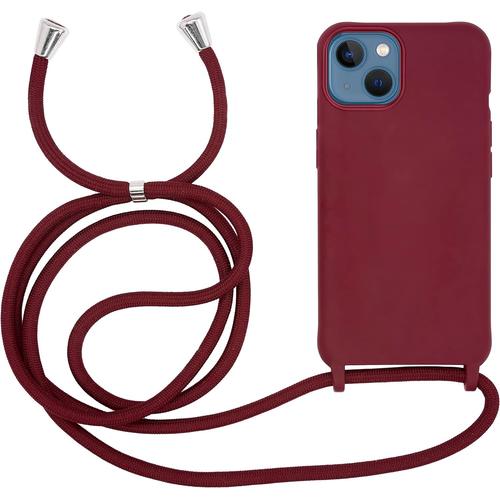 Coque Cordon Pour Apple Iphone 13 Cover Bumper Silicone Mat Uni Avec Collier Case Tour De Cou Protection Anti Choc Skin&lanière Bordeaux