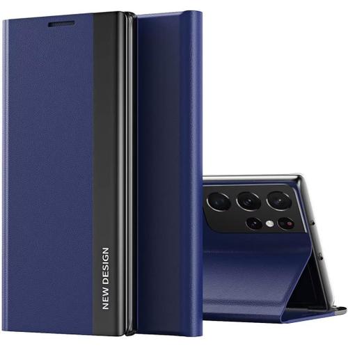 Coque Pour Samsung Galaxy S22 Ultra, Premium En Cuir Pu Protection Complète Stand Support Étui De Protection Bumper Folio À Clapet -Bleu