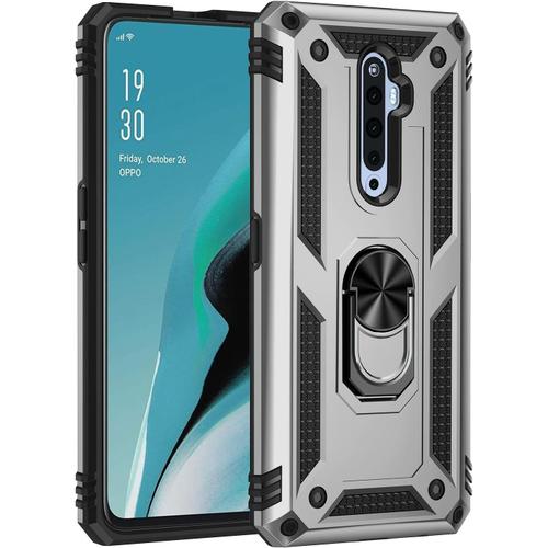 Coque Pour Oppo Reno 2z Reno2 Z Avec Rotatif À 360 ° Bague Anneau Support, Anti-Chocs Étui, Silicone Tpu+Pc Double Couche Housse. Argent