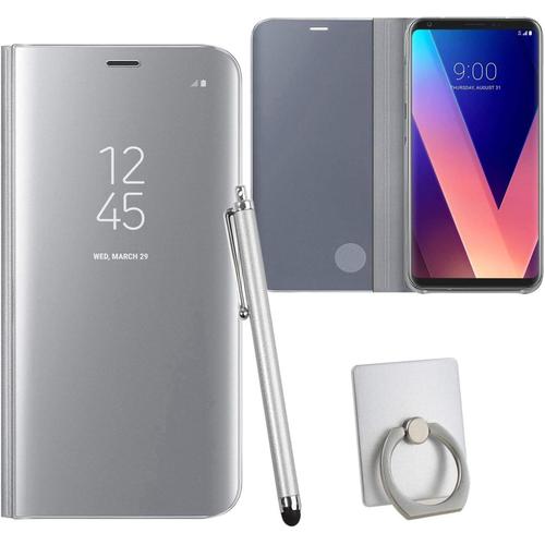 Effet Miroir Housse En Cuir Pu Pour Lg V30, Haute Qualité Clear View Smartphone Flip Cover Et Fonction Stent Étui Pour Téléphone Argent