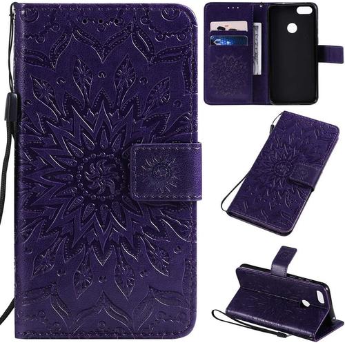 Étui Pour Motorola Moto E6 Play 5 5 Pouces Pu Magnétique Pochette Cuir Housse Tournesol Gaufrage Design Stent Fonction Rabattable Purple