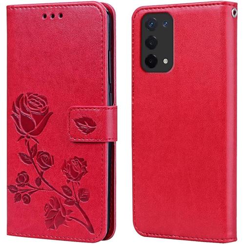 Étui Portefeuille En Cuir Pour Oppo A54 5g/Oppo A74 5g 6.5"" Inches, Avec Porte-Cartes Rose Pattern Design Cover Coque Housse Case - Rouge