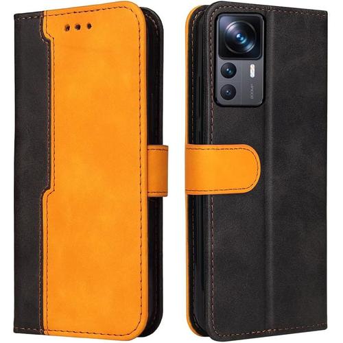 Housse Pour Telephone Xiaomi 12t Etui, Pu/Tpu Rétro Retourner Cuir Coque Magnétique Anti Chute Portefeuille Protection Case Cover, Orange