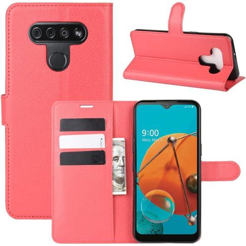 Étui Pour Lg K51/K500 6 5 Pouces Pu Cuir Couverture Magnétique Portefeuille Protection Housse Motif Litchi Stent Fonction Flip Cuir Rouge