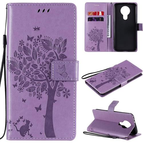 Étui Pour Nokia 3.4/Nokia 5.4 6 39 Pouces Pu Cuir Couverture Magnétique Housse Motif De Chat Et D'arbre Stent Fonction Coque Flip Lavande