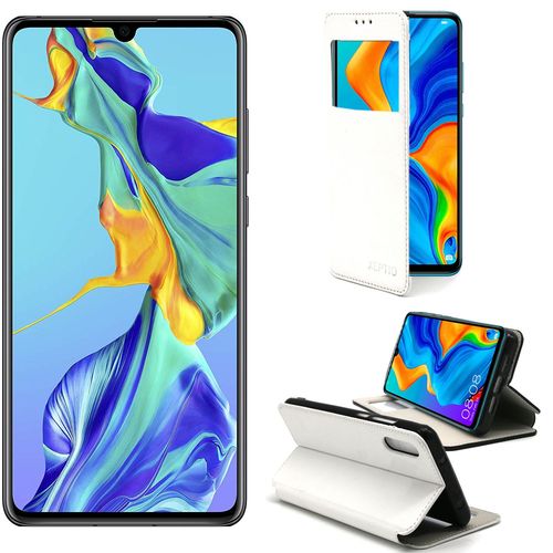 Etui Luxe Huawei P30 4g Blanc Ultra Slim Cuir Pu Avec Fenêtre Sview - Housse Coque De Protection Huawei P30 Smartphone 2019 - Accessoires Pochette Cover Xeptio Case
