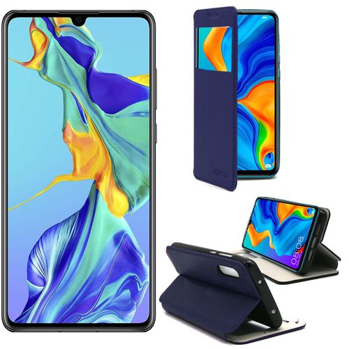 Etui Luxe Huawei P30 4g Bleu Ultra Slim Cuir Pu Avec Fenêtre Sview - Housse Coque De Protection Huawei P30 Smartphone 2019 - Accessoires Pochette Cover Xeptio Case