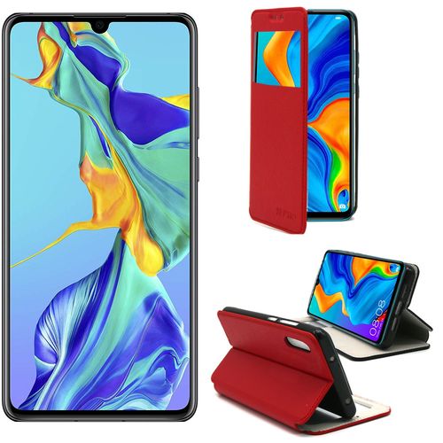 Etui Luxe Huawei P30 4g Rouge Ultra Slim Cuir Pu Avec Fenêtre Sview - Housse Coque De Protection Huawei P30 Smartphone 2019 - Accessoires Pochette Cover Xeptio Case