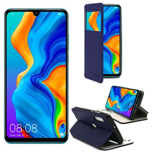 Etui Luxe Huawei P30 Lite 4g Bleu Ultra Slim Cuir Pu Avec Fenêtre Sview - Housse Coque De Protection Huawei P30 Lite Smartphone 2019 - Accessoires Pochette Cover Xeptio Case