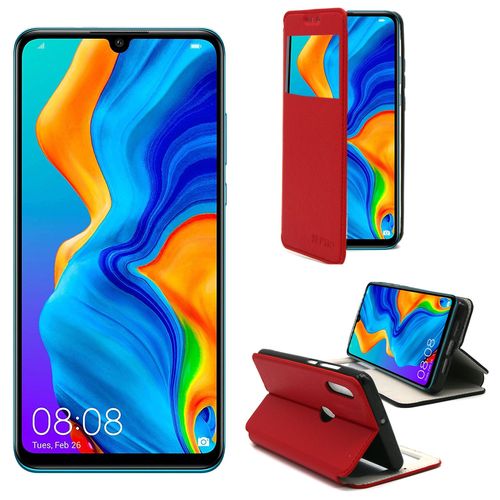 Etui Luxe Huawei P30 Lite 4g Rouge Ultra Slim Cuir Pu Avec Fenêtre Sview - Housse Coque De Protection Huawei P30 Lite Smartphone 2019 - Accessoires Pochette Cover Xeptio Case